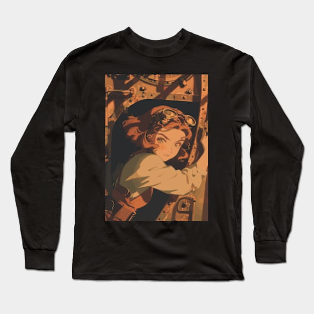 Steampunk Vintage 90s Anime Girl Long Sleeve T-Shirt by peculiarbutcute